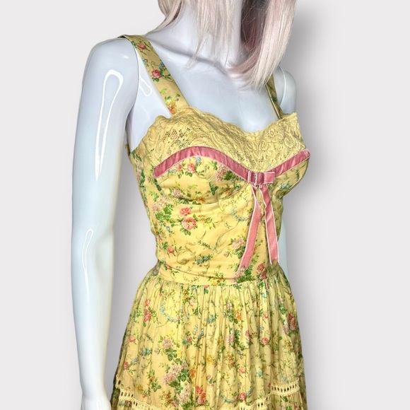 Kitten D’Amour Cottage Core, Fairy, Yellow Floral, Pink Lace Bow Dress - Picture 6 of 11